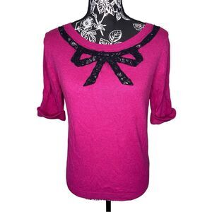 Elle Knit Pullover Sweater Lace Bow Sz Medium Winter Workwear Office Lightweight